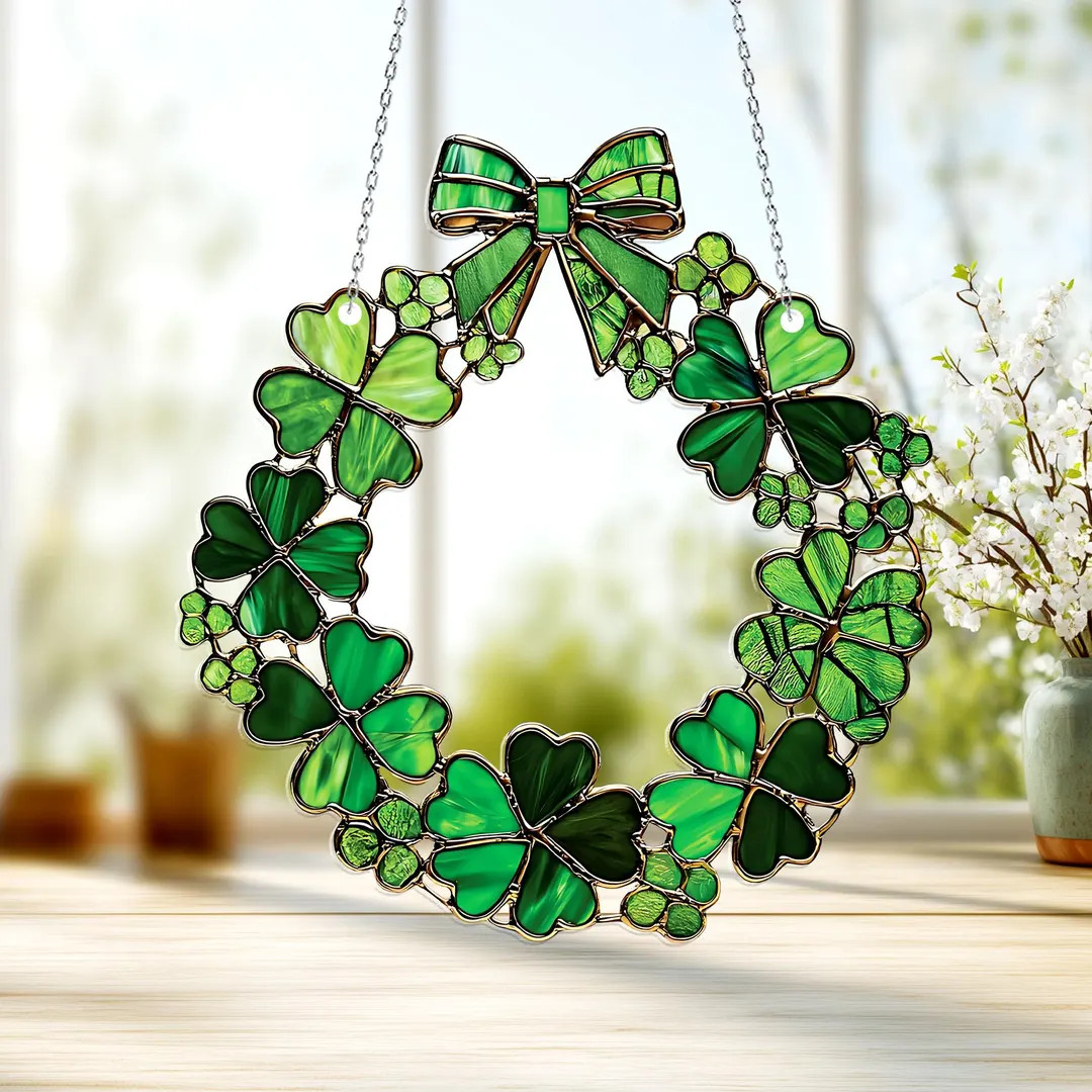 Green Shamrock Wreath Acrylic Window Hanging – St. Patrick’s Day Decor | Etsy (US)