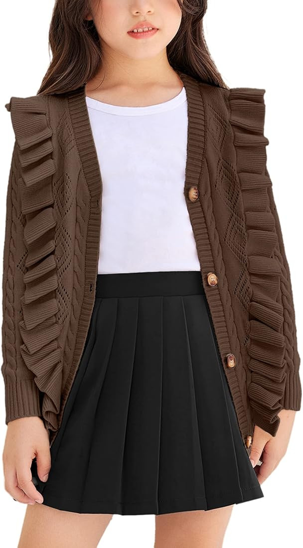 Arshiner Girls Cardigan Sweaters Ruffle School Uniform Sweater V Neck Button Front Outerwear 4-13... | Amazon (US)