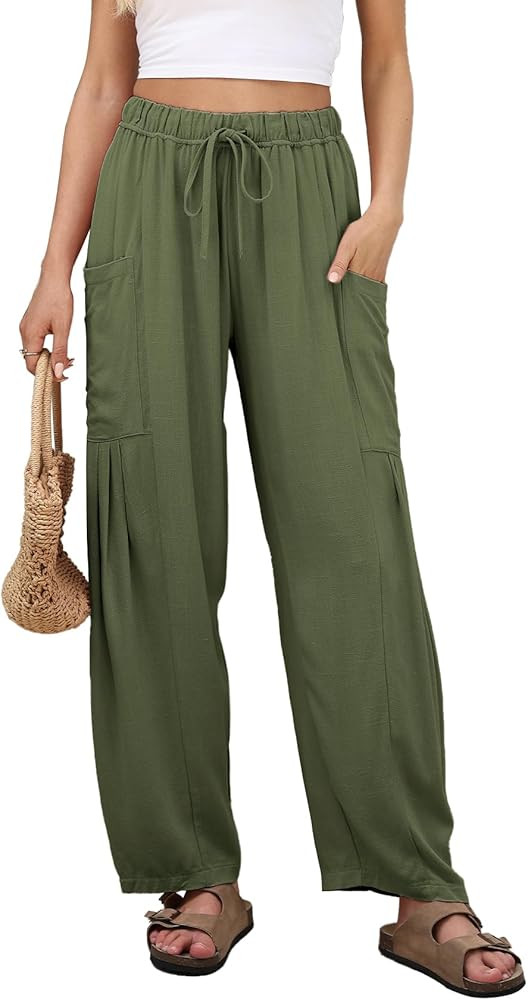 Duyang Women Linen Wide Leg Pants Casual Summer Palazzo Pants Beach Vacation Outfits Flowy Loose ... | Amazon (US)