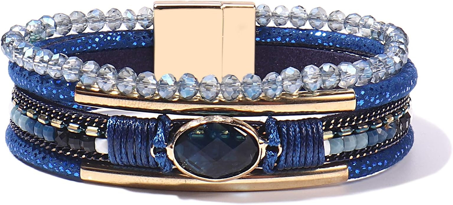 FANCY SHINY Leather Wrap Bracelets Crystal Beads Bracelet Boho Cuff Stone Charm Bracelets with Cl... | Amazon (US)