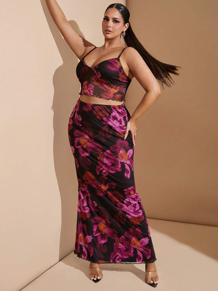 SHEIN BAE Plus Size Women Floral Print Mesh Maxi Skirt + Spaghetti Strap Crop Top Suit, Elegant Vacation Outfit | SHEIN