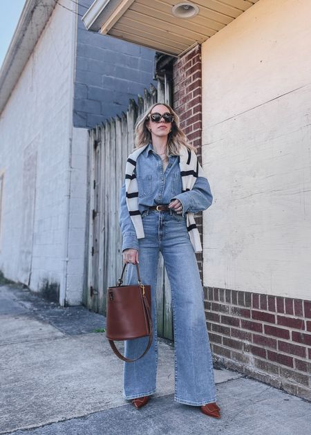 Denim on denim, all denim outfit, wide leg jeans, denim shirt, slingback pumps, spring outfit, bucket bag 

#LTKfindsunder100 #LTKSeasonal #LTKshoecrush