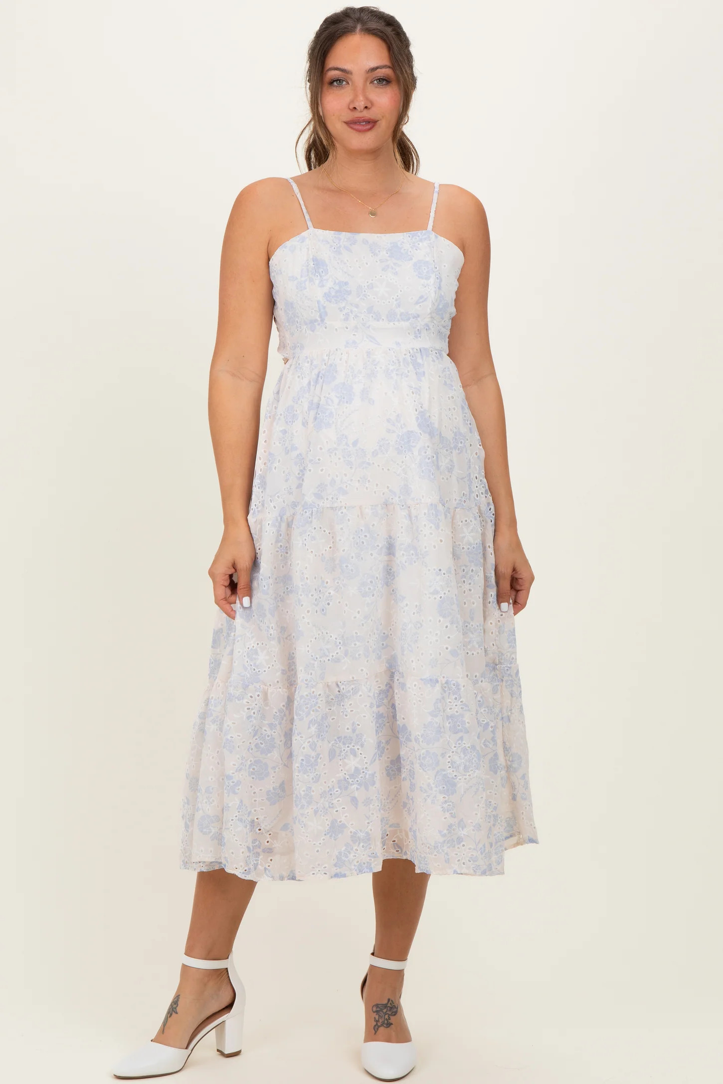 Cream Floral Eyelet Lace Tie Back Maternity Midi Dress | PinkBlush Maternity