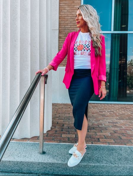 Feminine Business Workwear- Find this cute graphic tee in my shop www.jackiemariejewelry.com

Midi Skirt and blazer linked from Amazon

#LTKworkwear #LTKfindsunder50 #LTKstyletip