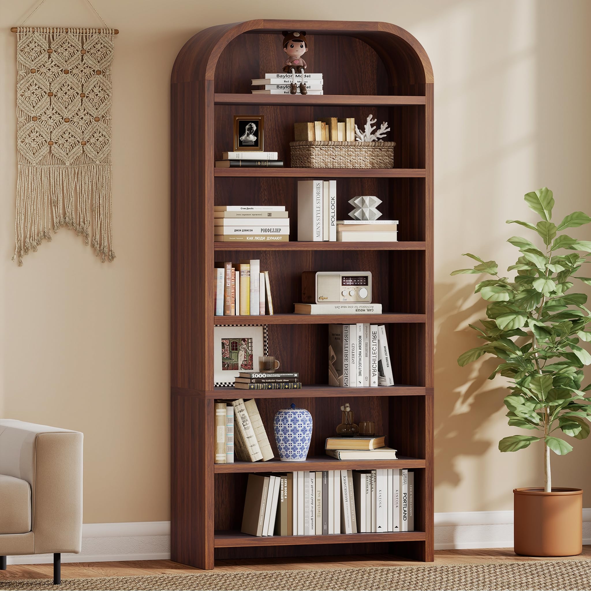 LEVNARY 70" Tall Arched Bookcase, 7-Tier Freestanding Storage Cabinet with Adjustable Shelves, Th... | Amazon (US)