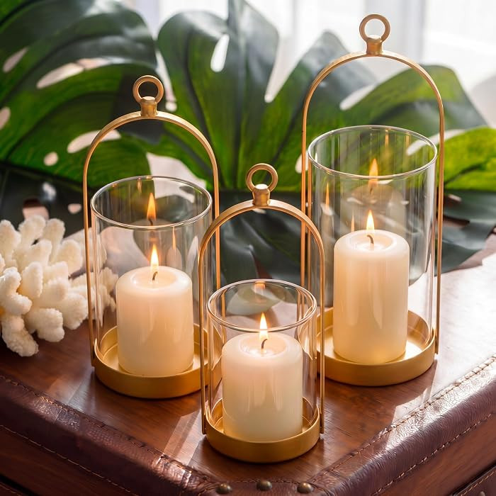Hurricane Glass Candle Holders, Set of 3 Versatile Gold Metal Holder with Thick Sturdy Glass Dome... | Amazon (US)