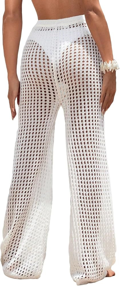 Women's Cover Up Beach Pants Hollow Out Drawstring High Elastic Waist Swimsuit Beach Cover Up Pan... | Amazon (US)