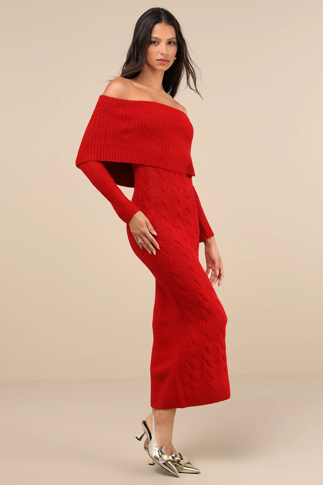 Cozy Excellence Heather Red Off-the-Shoulder Sweater Dress | Lulus