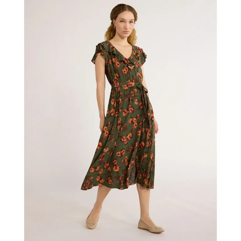 Time and Tru Women's and Women's Plus Ruffle Neck Midi Dress, Sizes XS-4X | Walmart (US)