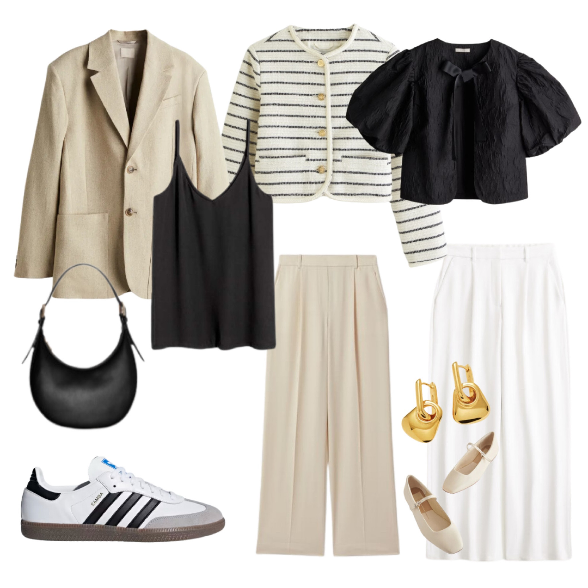 Capsule wardrobe, black and white, trouser pants, gold earrings, sambas, neutral blazer, 

#LTKfindsunder100 #LTKworkwear #LTKshoecrush