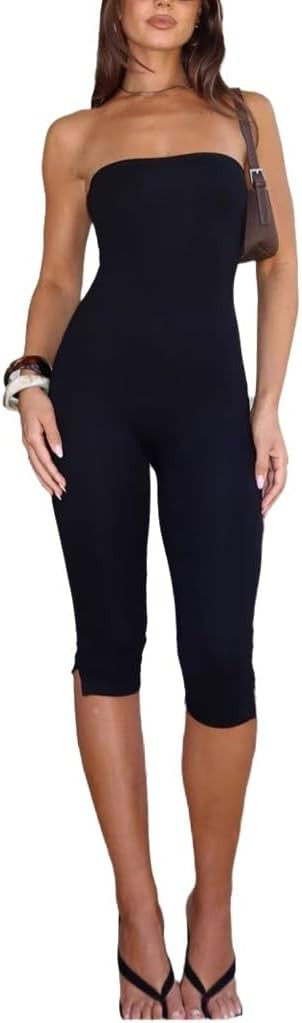 THLAI Strapless Jumpsuits for Women Off Shoulder Tube Top Capri Pants Jumpsuits Sexy Club One Pie... | Amazon (US)