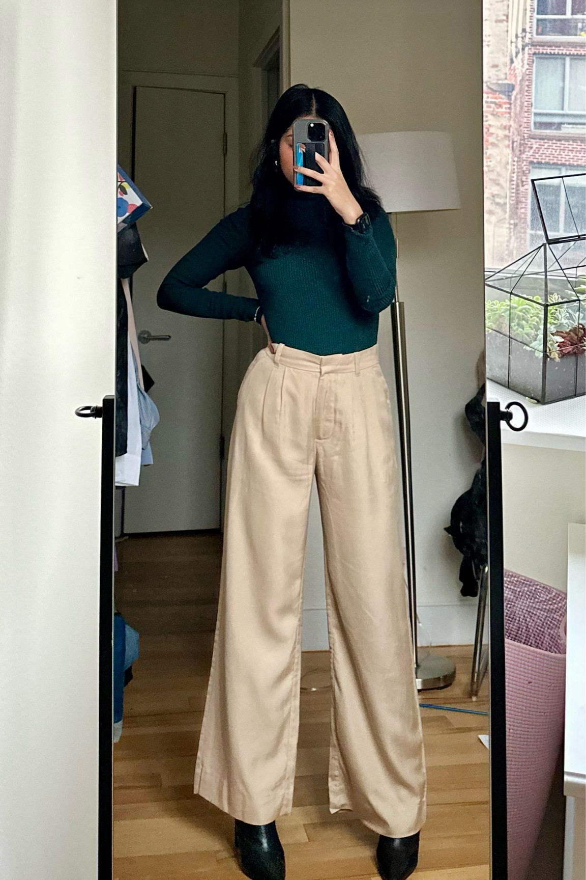 business casual outfit | green turtleneck sweater, neutral wide leg trousers, pointy toe boots

#LTKworkwear #LTKstyletip