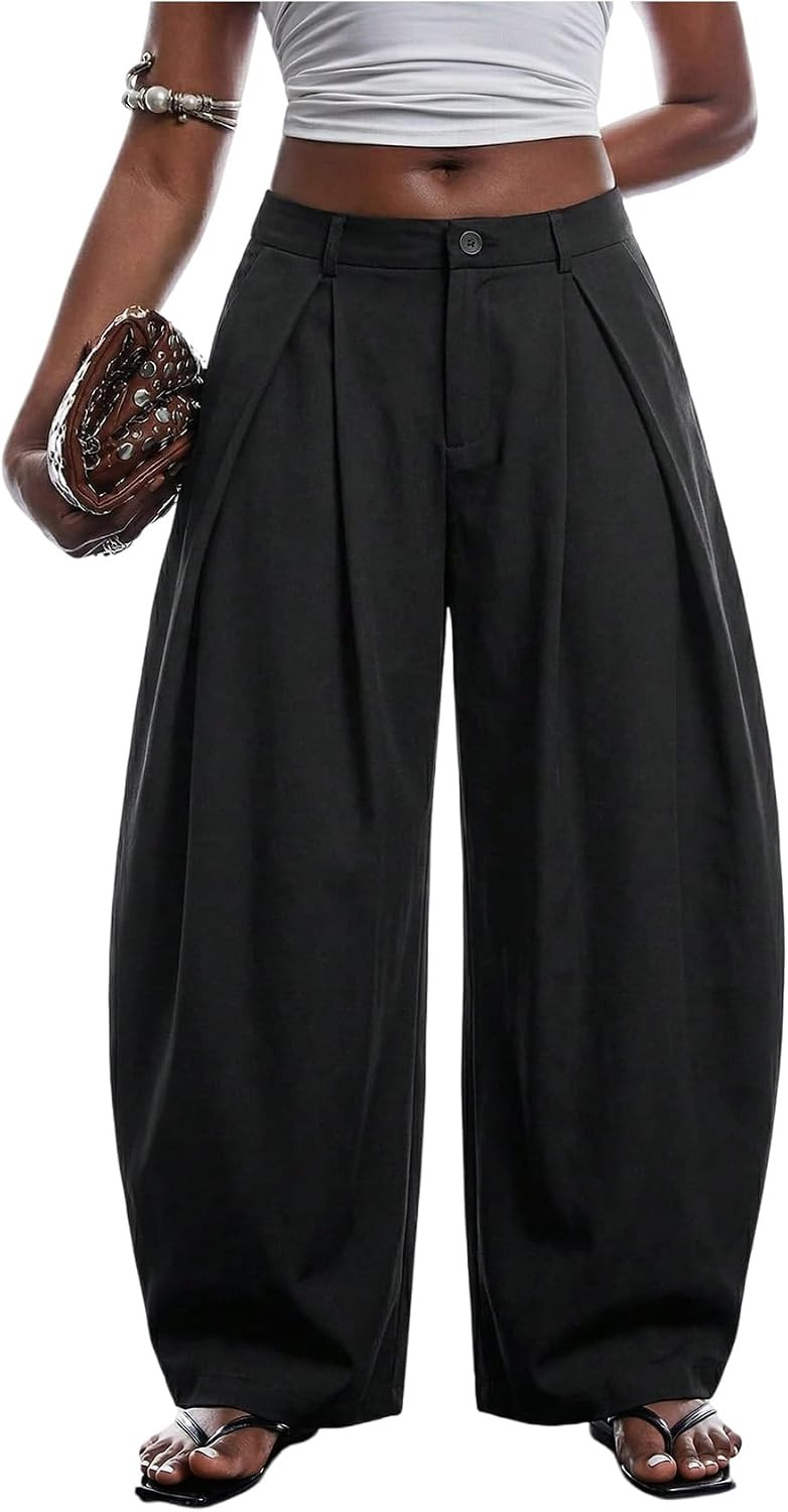 SHENHE Women's Plus Size Pleated Barrel Wide Leg Low Rise Baggy Pants | Amazon (US)