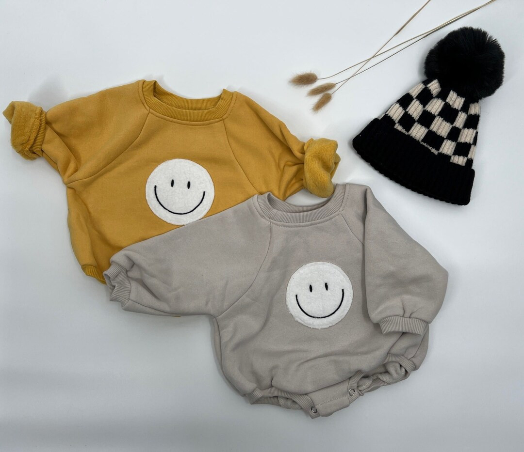 Sherpa Smiley Patch Sweater Romper Bubble Romper Smiley Face - Etsy | Etsy (US)