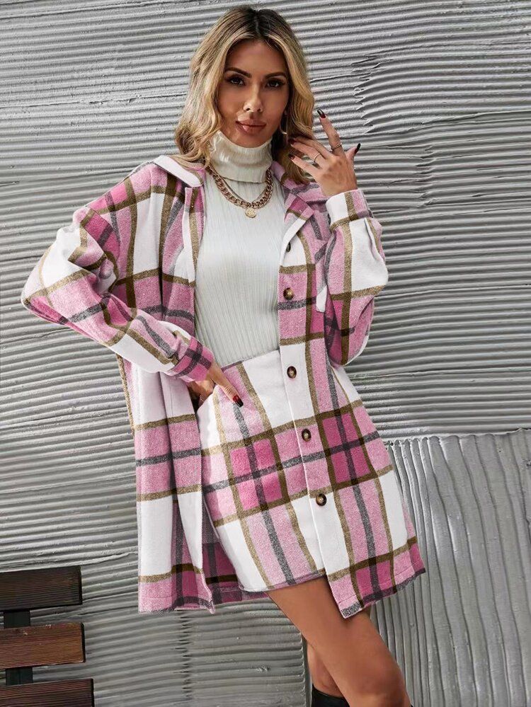 Plaid Print Button Front Overcoat & Skirt | SHEIN