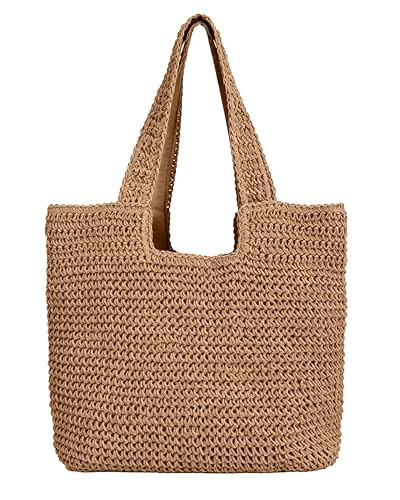 ALUWU Beach Bags for Women - Summer Soft Large Woven Shoulder Purse Handbag, Beach Tote Straw Bag for Summer Vacation, Brown | Amazon (US)