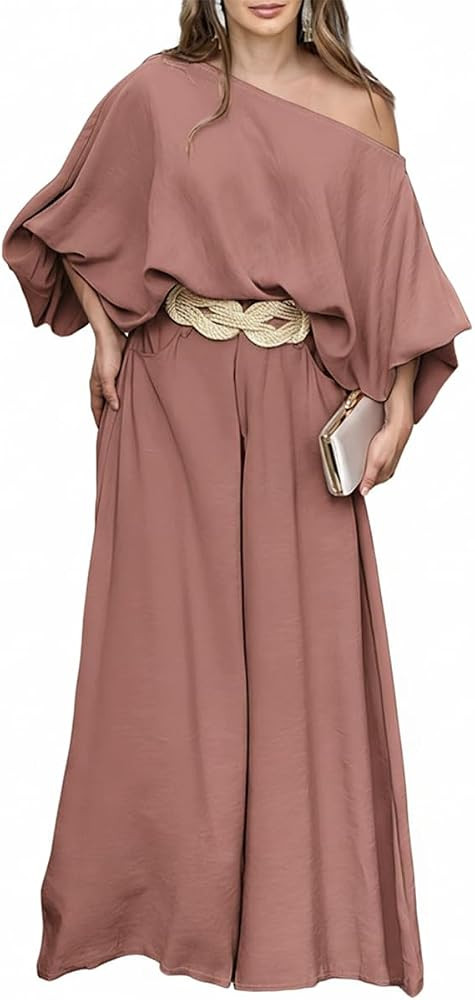 CHICME Women 2 Piece Summer Outfit Off Shoulder Flowy Wide Leg Pants Set | Amazon (US)