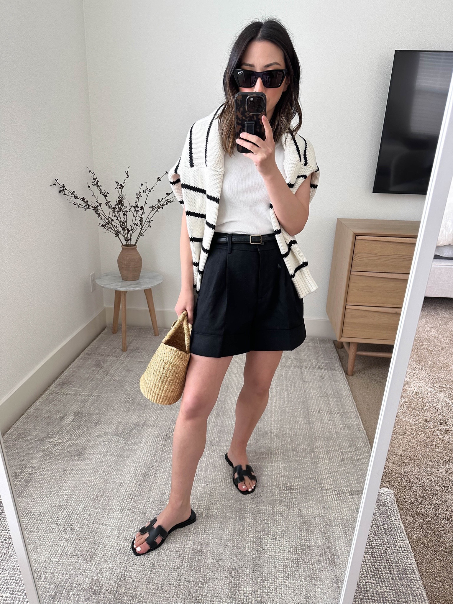 J.Crew pleated linen shorts. Love a good trouser short and these are great. They run big, size down.

J.crew pleated shorts 0. Need the 00. 
Free Assembly tank small
Hermes Oran sandals 35
Jenni Kayne Chloe sweater xs. Size down. 
Dear Keaton petite shopper tote 
YSL Mica sunglasses 

Sandals, summer outfit, petite style 

#LTKunder100 #LTKSeasonal #LTKitbag