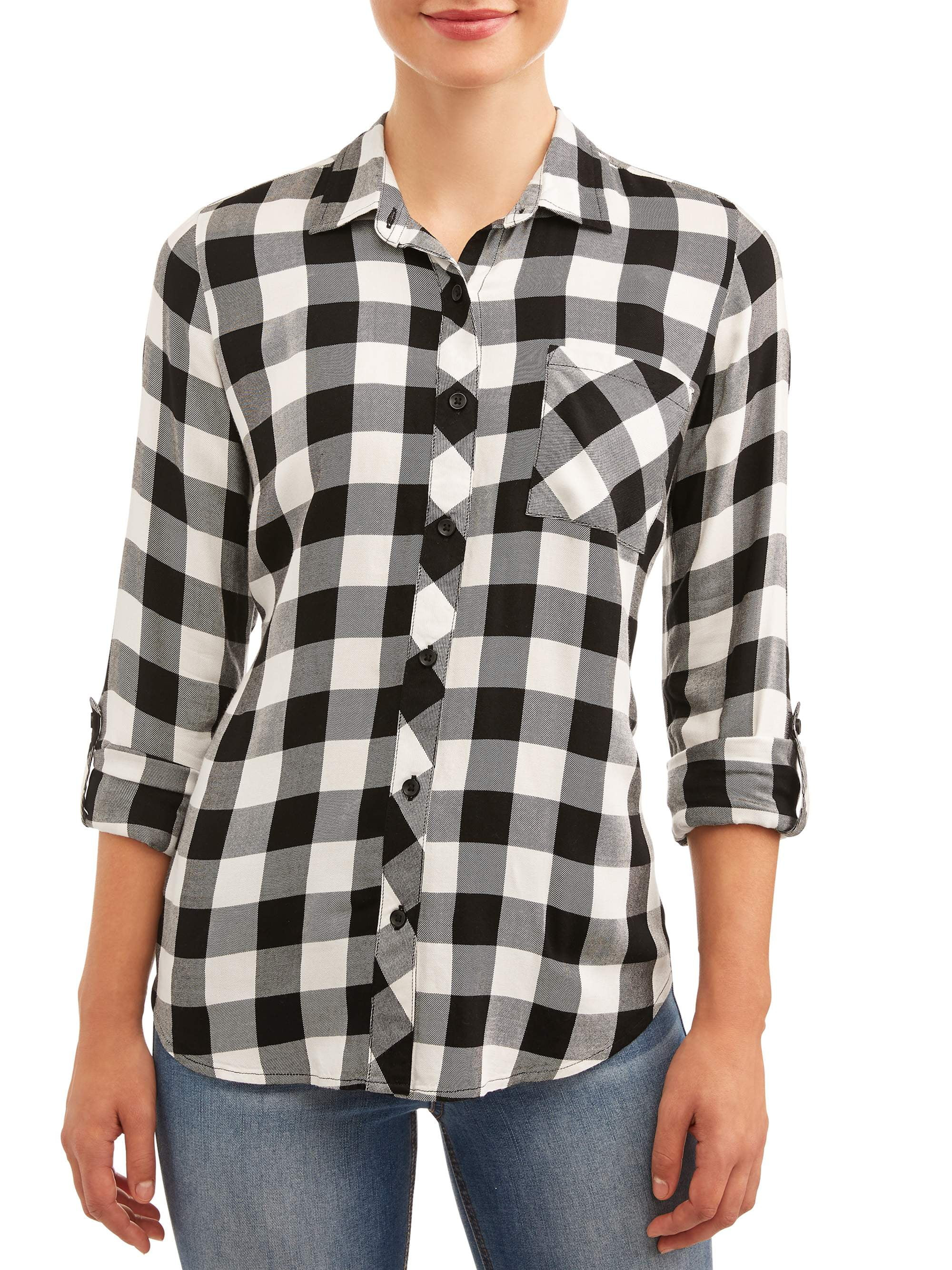 Time and Tru - Women's Button Front Plaid Top - Walmart.com | Walmart (US)