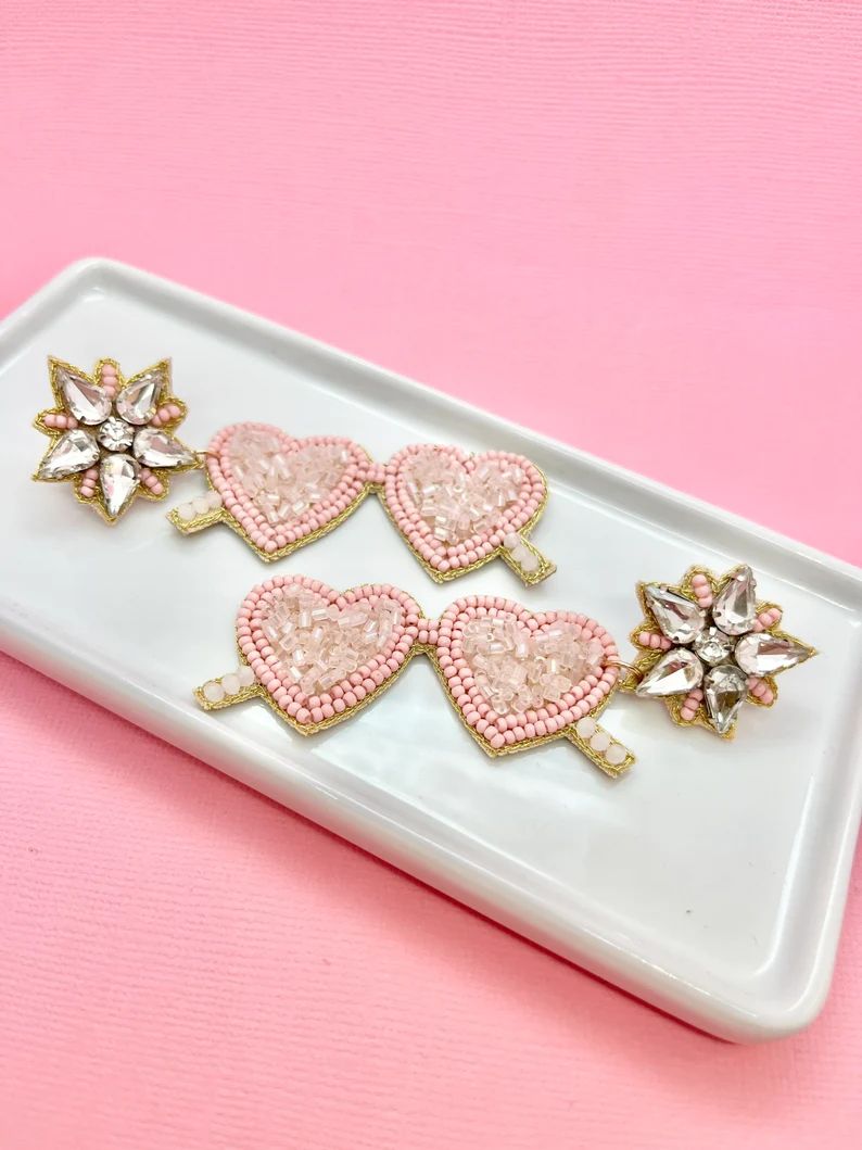 Glitz Pink Heart-Shaped Sunglasses Beaded Earrings, Heart Earrings, Valentines Day Earrings, Vale... | Etsy (US)