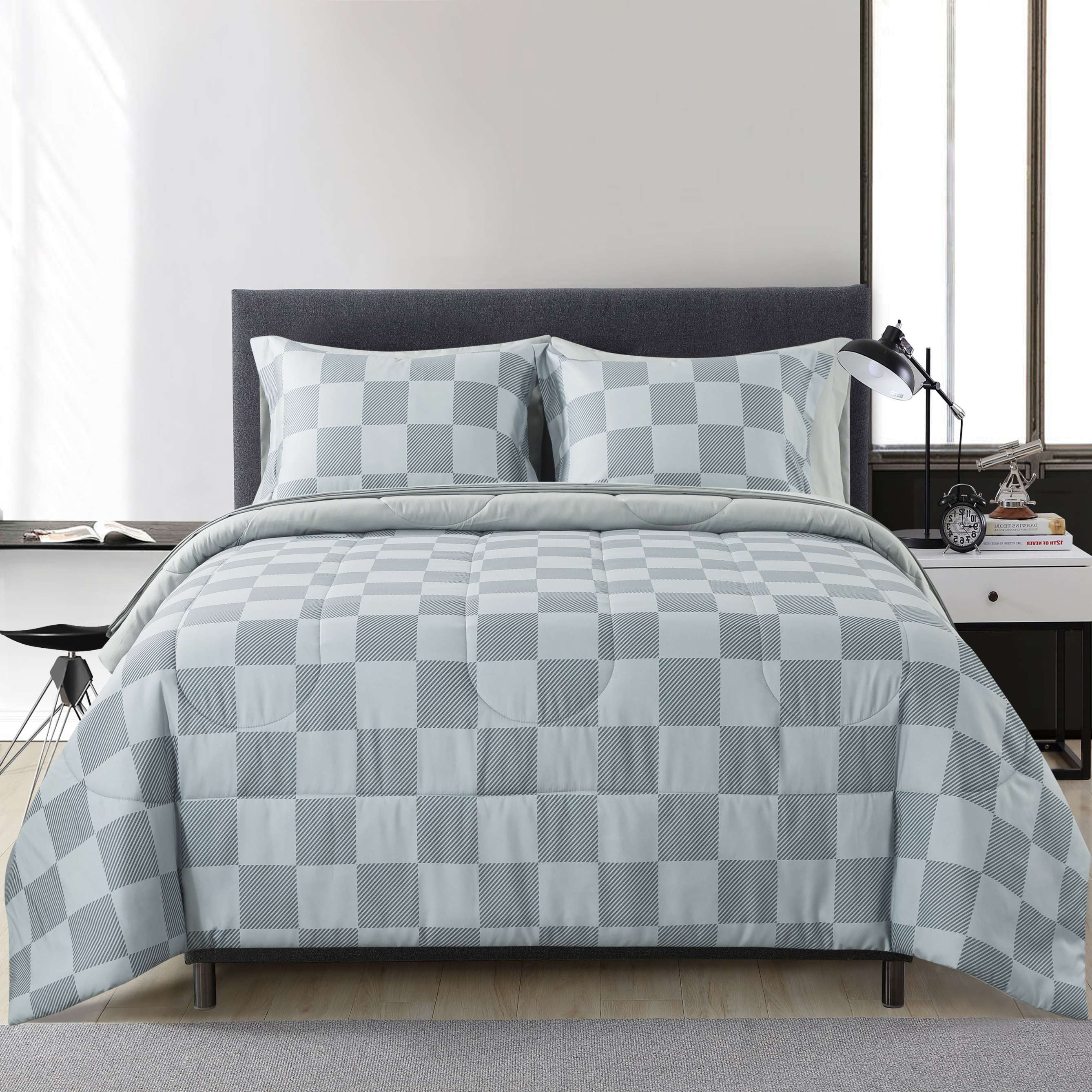 Mainstays Grey Checker 5-Piece Reversible Bed in a Bag Comforter Set with Sheets, TXL | Walmart (US)