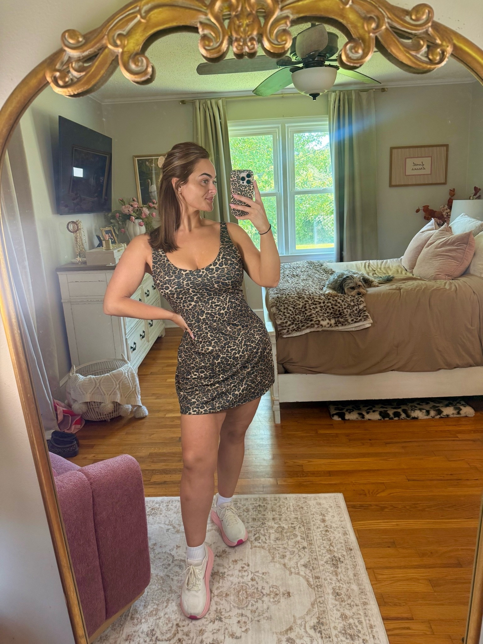 The cutest leopard athletic dress!! It has built in shorts, a shelf bra and I’m wearing a size large!!