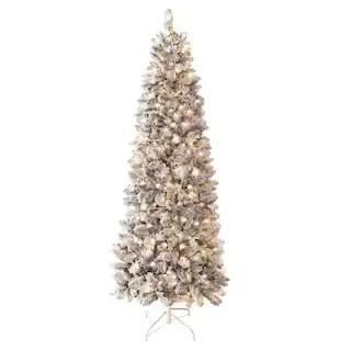 VEIKOUS 7.5 ft. Pre-Lit LED Pencil Slim Flocked Artificial Christmas Tree with Warm White Light H... | The Home Depot