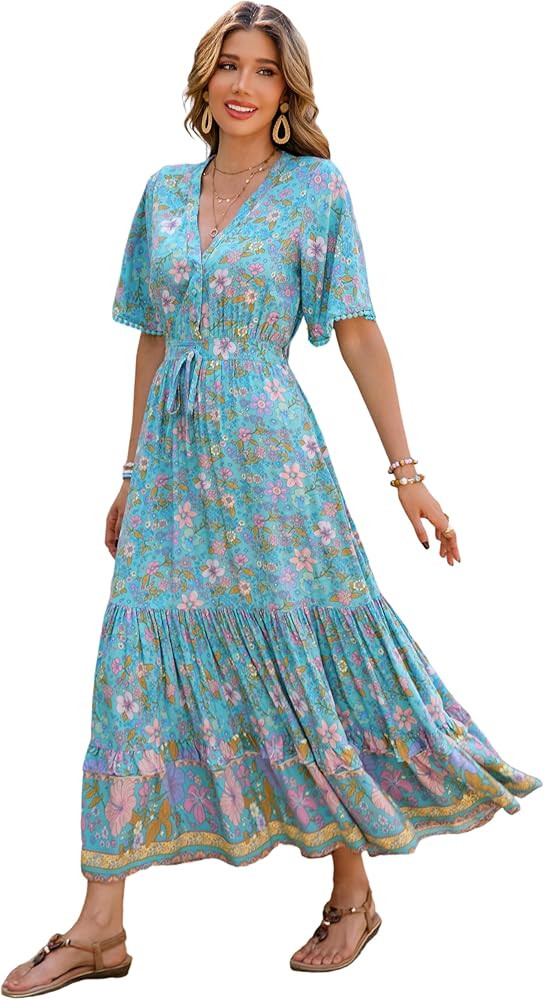 R.Vivimos Womens Summer Cotton Short Sleeve V Neck Floral Print Casual Bohemian Midi Dresses | Amazon (US)