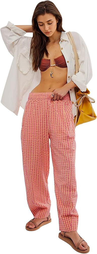 Women Plaid Print Gingham Comfy Lounge Pants Wide Leg Mid Rise Elastic Waist Loose Casual Long Tr... | Amazon (US)