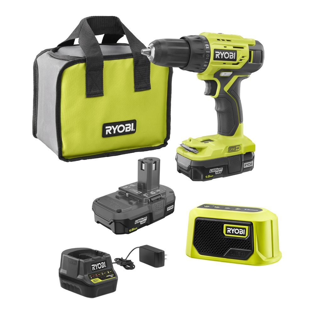 RYOBI ONE+ 18-Volt 1/2 in. Drill/Driver Kit with Bluetooth Speaker, (2) 1.5 Ah Batteries, Charger, a | The Home Depot