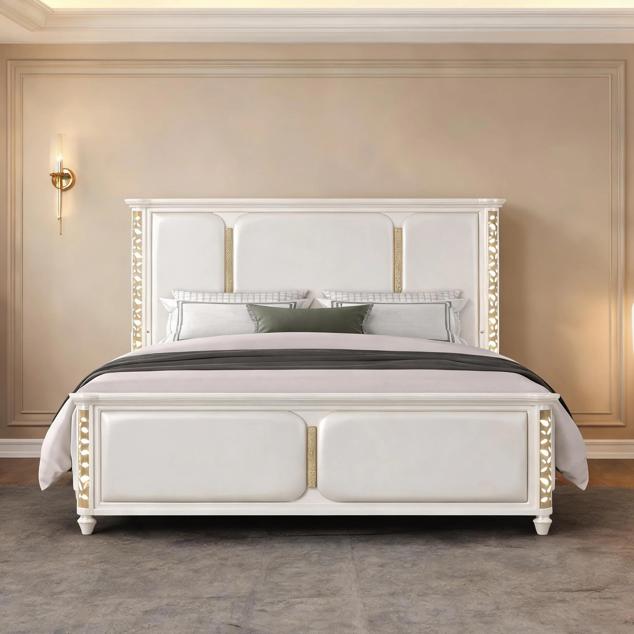 SunJet King Upholstered Bed with LED Illumination in Beige Finish Traditional Panel Design one_size | 1ILDP0NSLNJ0 | Lowe's