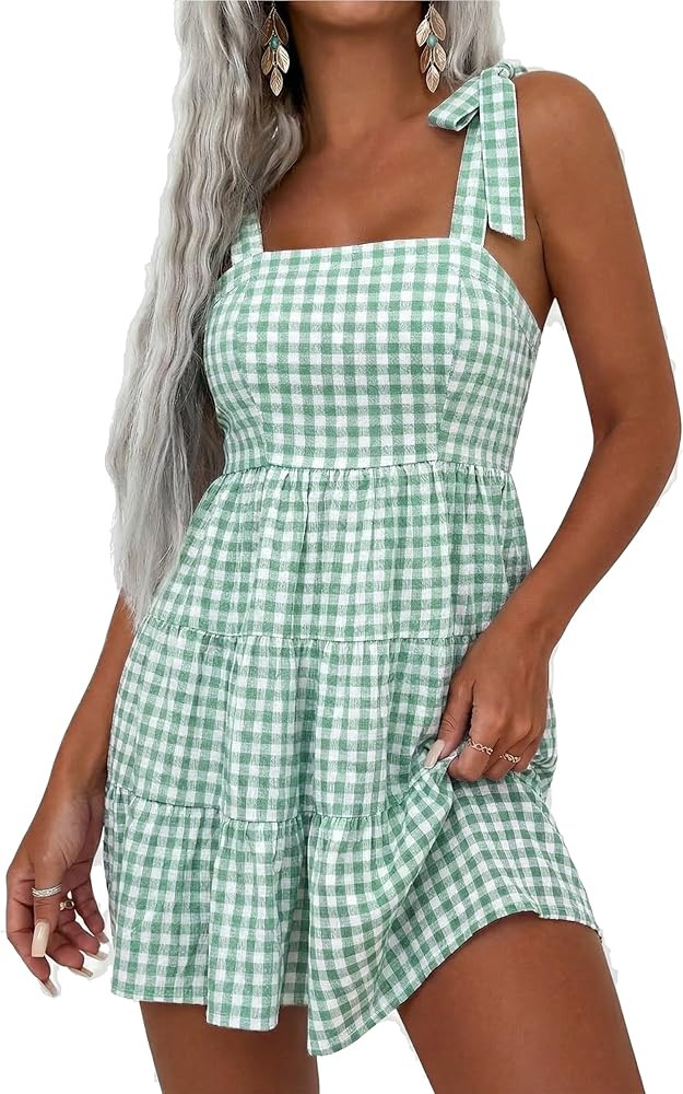 FOMELY Gingham Dress Women Cotton Plaid Tiered Checkered Milkmaid Tie Shoulder Flowy Beach Vacati... | Amazon (US)