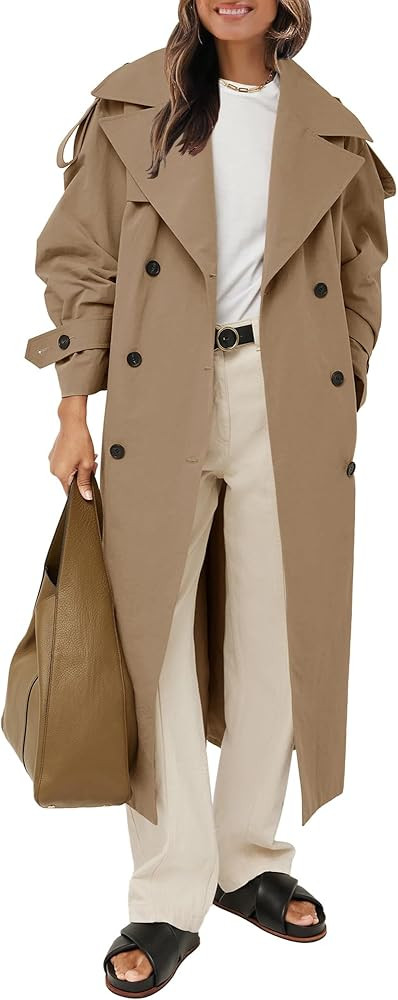 Farktop Womens Oversized Long Trench Coat Double Breasted Lapel Windproof Overcoat with Belt | Amazon (US)
