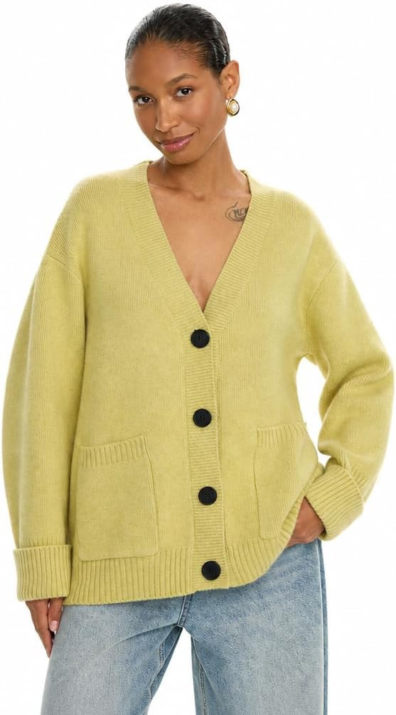 Chartreuse Sweater Womens Cardigan Sweater Chartreuse V Neck Button Front | Amazon (US)