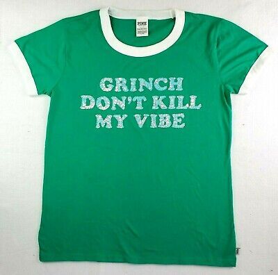 Victoria's Secret PINK Bling Ringer Tee Shirt "Grinch Don't Kill My Vibe" Size L | eBay US