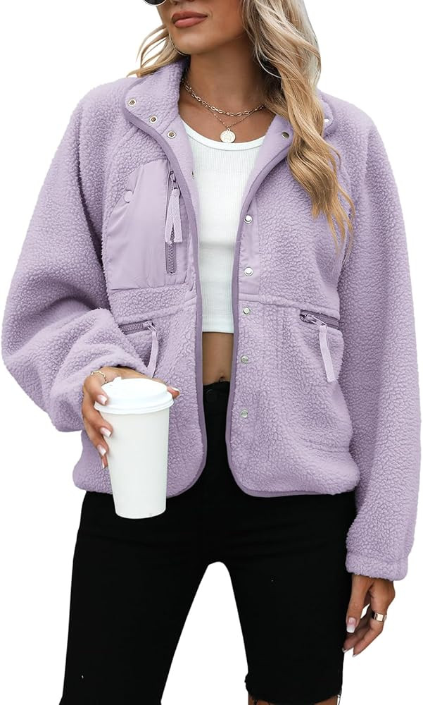 Yanekop Womens Fleece Jacket Fuzzy Long Sleeve Short Coats Button Down Sherpa Outerwear with Pock... | Amazon (US)