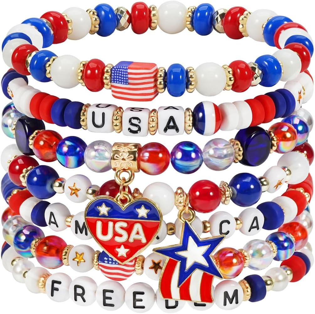 4th of July Beaded Bracelets with American Flag Stars Charms USA Jewelry | Amazon (US)