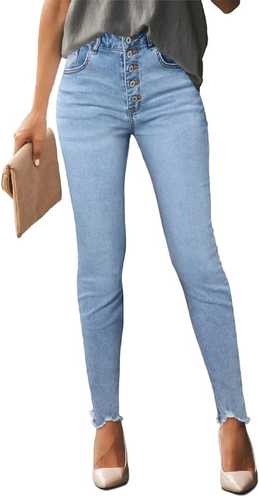 Sidefeel Womens Mid Rise Skinny Jeans Button Fly Raw Hem Denim Pants | Amazon (US)