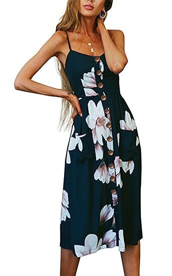 Angashion Women's Dresses-Summer Floral Bohemian Spaghetti Strap Button Down Swing Midi Dress wit... | Amazon (US)