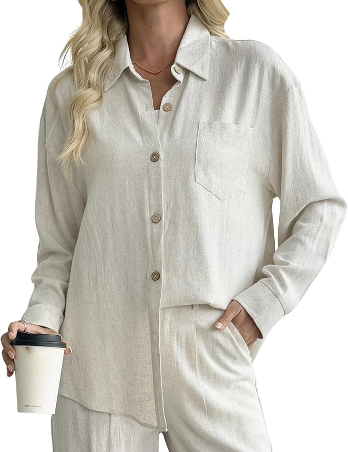 Fakanhui Damen Button-Down-Shirts Baumwolle Leinen Langarm Tops Casual Oversized Kragen Lose Blus... | Amazon (DE)