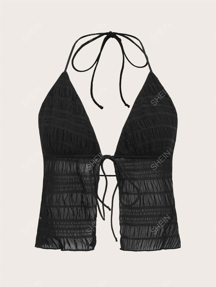 SHEIN ICON Split Hem Tie Backless Mesh Halter Y2k Top | SHEIN