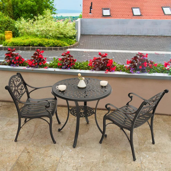 Outdoor 3 Pieces Patio Bistro Set, Cast Aluminum Conversation Set with Umbrella Hole for Backyard... | Wayfair North America