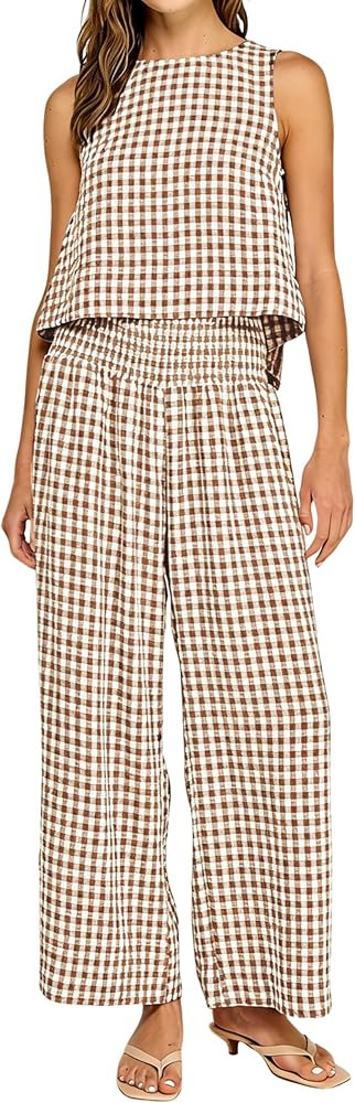 Yeokou Women Plaid Gingham 2 Piece Set Sleeveless Top Smocked Wide Leg Pants Casual Matching Outf... | Amazon (US)