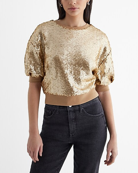 Sequin Crew Neck Puff Sleeve Sweatshirt | Express