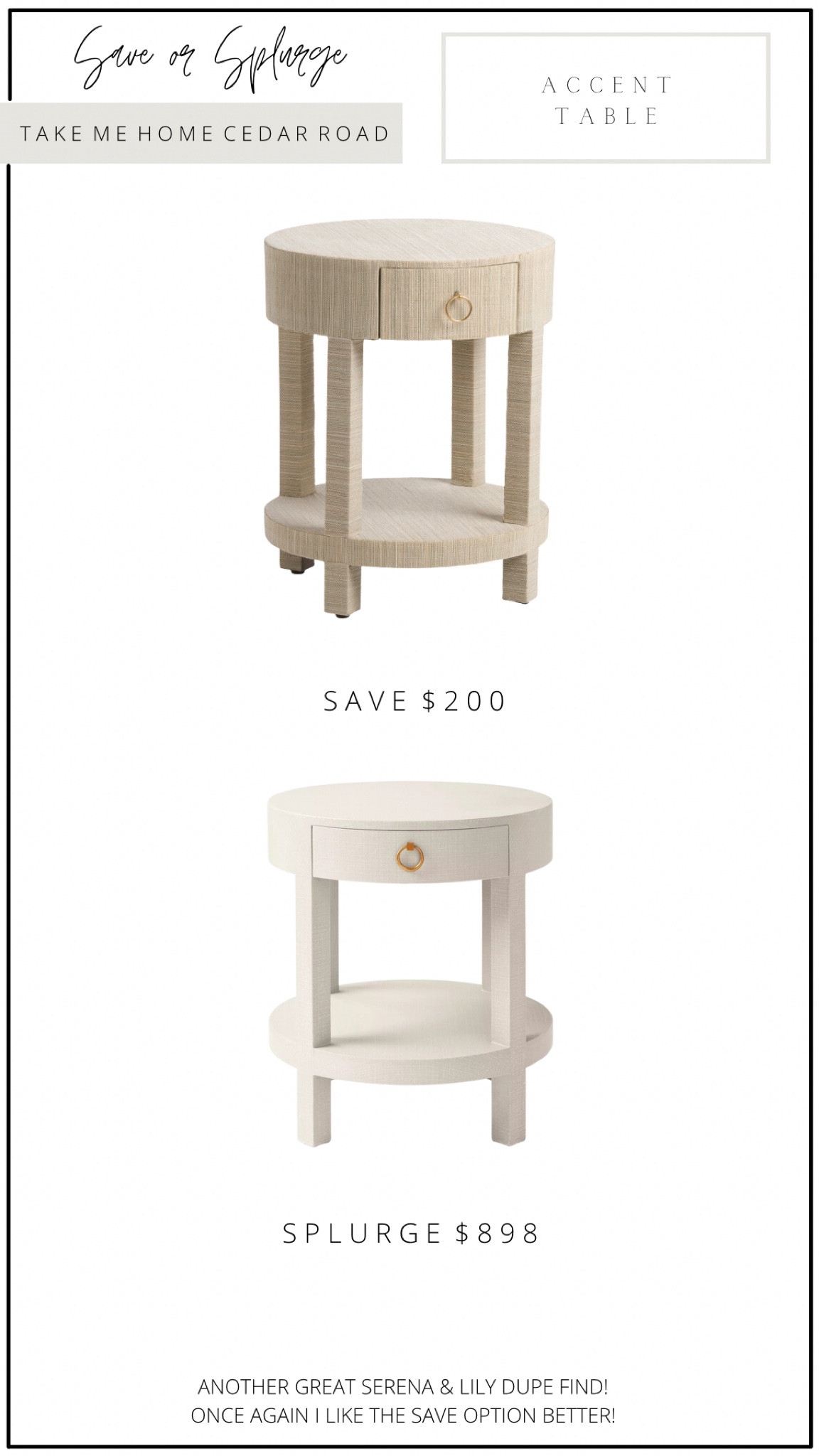 SAVE OR SPLURGE…

okay I love this “save” option so much! Perfect dupe for the Serena and Lily table. 

Accent table, end table, side table, round end table, round side table, living room table, living room, accent furniture, tj maxx, Serena and lily 

#LTKhome #LTKsalealert