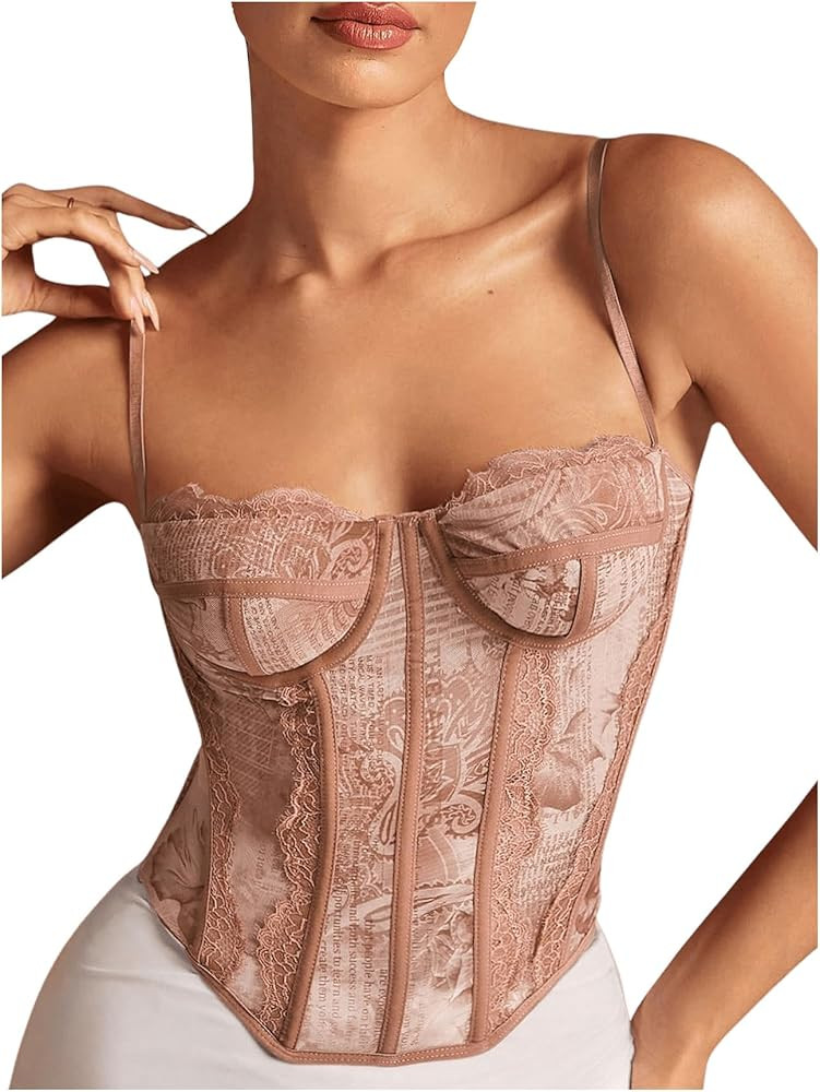 SHENHE Women's Lace Bustier Corset Top Sexy Floral Backless Going Out Tops Mesh Crop Top Camisole | Amazon (US)