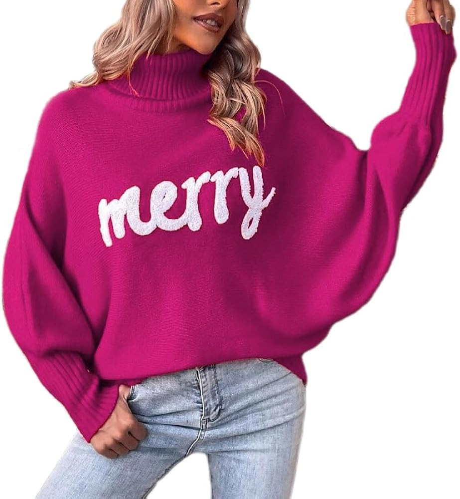 Mxiqqpltky Women Christmas Sweaters Long Sleeve Turtleneck Letter Embroidery Oversize Jumper Merr... | Amazon (US)