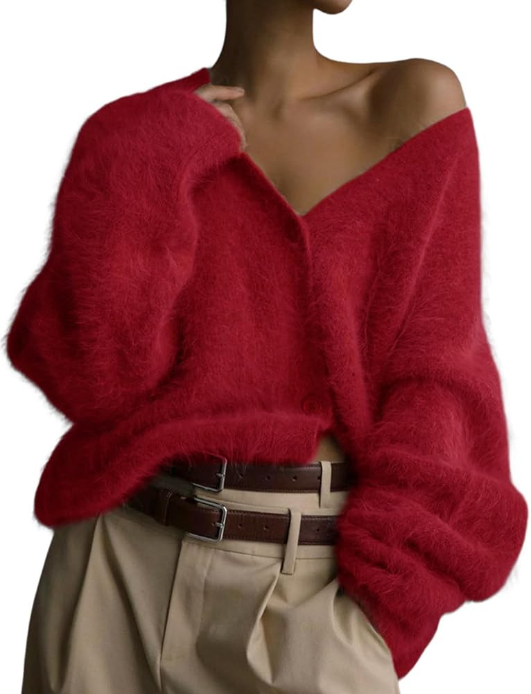 Yimoon Womens Fuzzy Cardigan Sweater V Neck Long Sleeve Button Down Slouchy Furry Knit Sweaters 2... | Amazon (US)