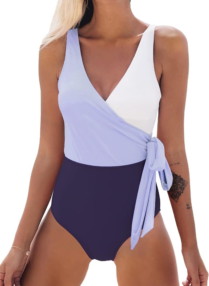 CUPSHE Women's One Piece Swimsuit Wrap Color Block Tie Side Bathing Suit | Amazon (US)