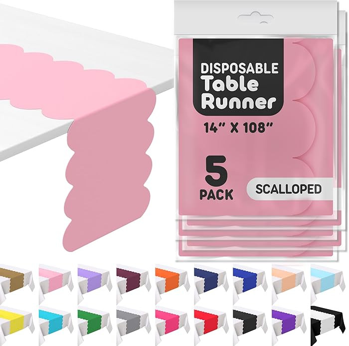 Light Pink Plastic Disposable Table Runner. 5 Pack 14 x 108 inch. Scallop Table Runner Adds A Pop... | Amazon (US)